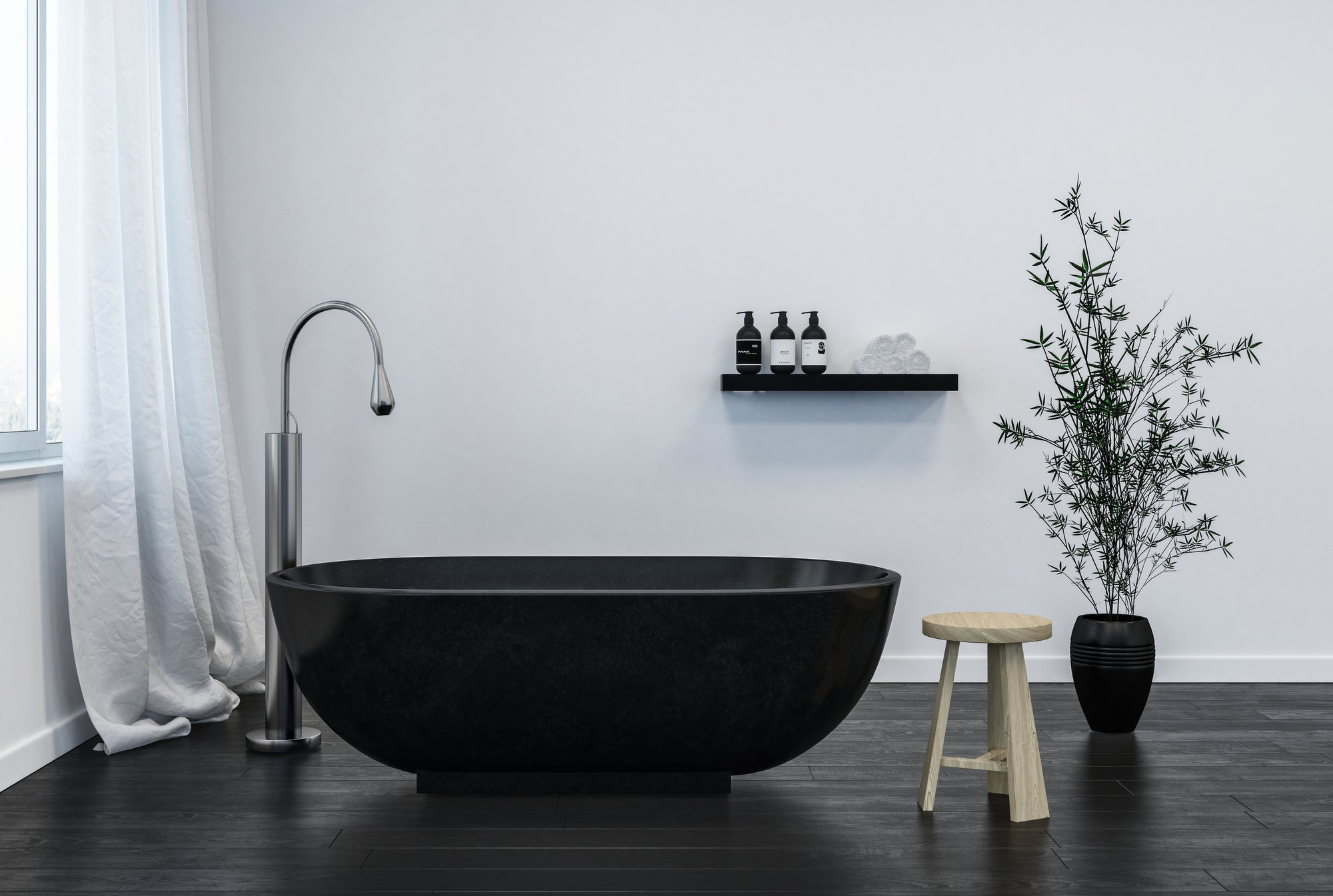 Interior of Modern Bathroom with Black Bathtub